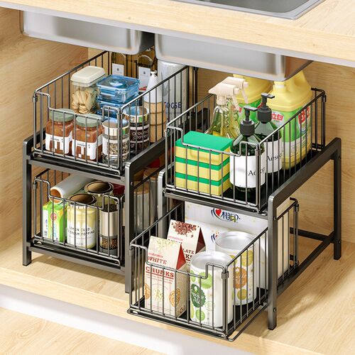 Double layered pull-out storage rack cabinet under kitchen