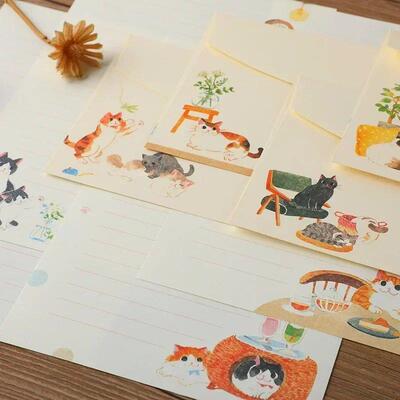 9pcs/set Cartoon Cats Envelopes with Letter Pads Cute Letter