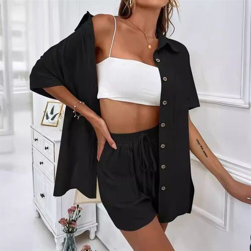 Stylish Shorts Two-piece Solid lor Shirt Suit Casual Loose S