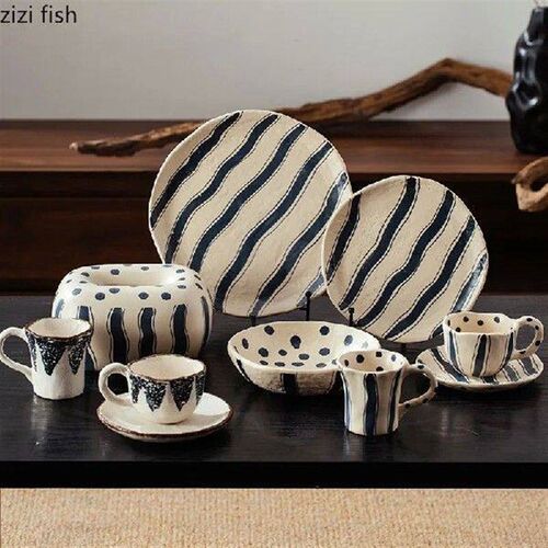 Striped Ceramic Coffee Cup and Dish Set Dim Sum Dish