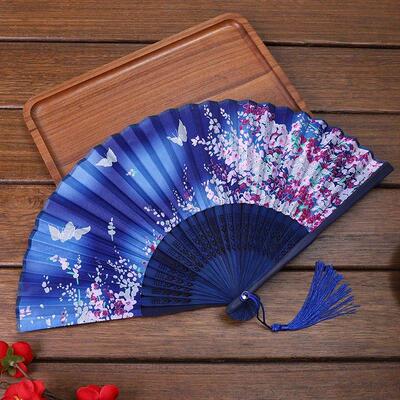 Vintage Chinese Silk Folding Fan Retro Japanese Bamboo Hand