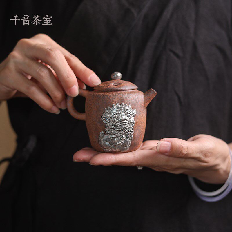 【灰念老岩泥敢当壶】手工泡茶壶单壶鎏银茶具茶壶复古单个泡茶器