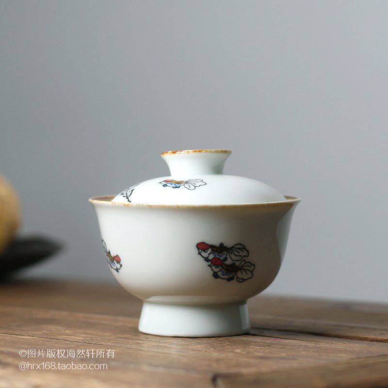 功夫茶具手绘釉里红小金鱼手抓盖碗 复古中式茶具泡茶器泡茶碗