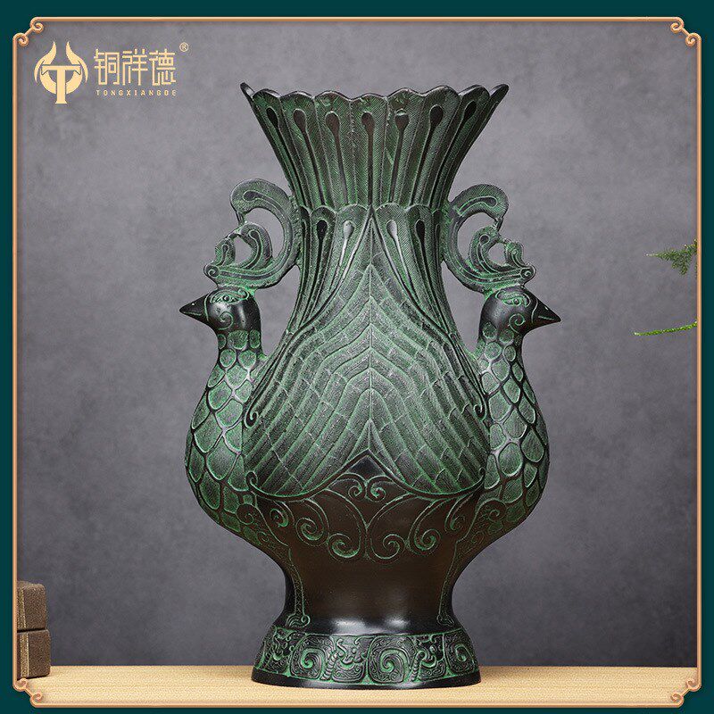 青铜器古摆件青铜双凤尊酒樽吉祥鸟尊古玩家居装饰工艺品铜花瓶