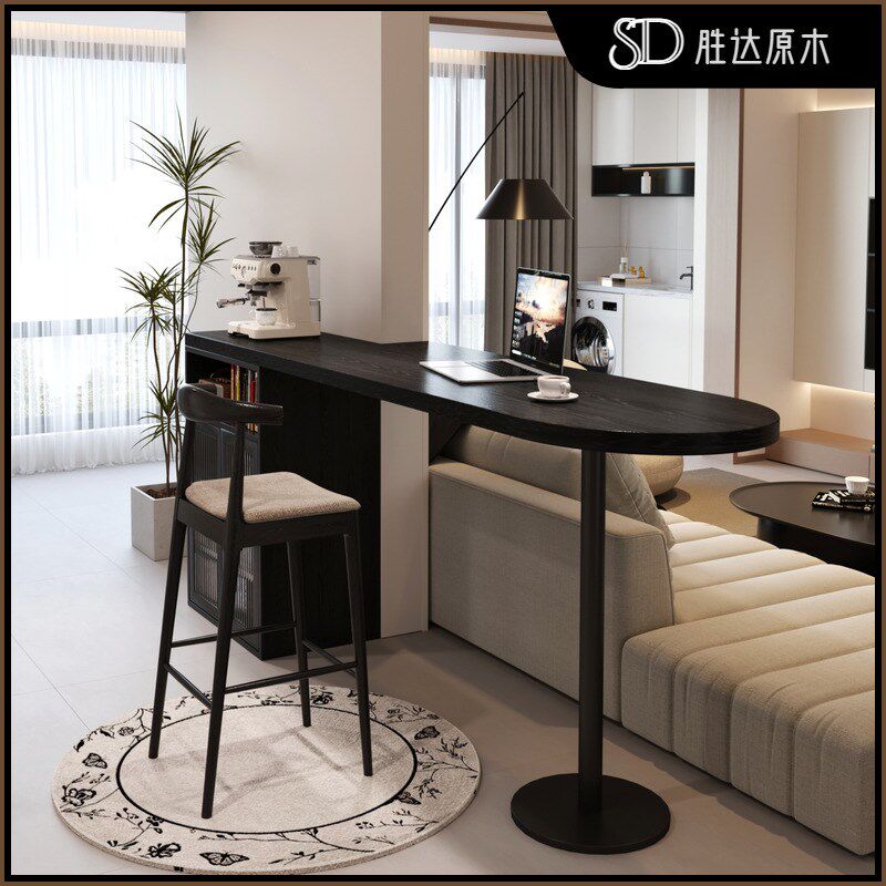 高档实木小户型吧台桌一体式黑色客厅隔断高脚桌原木家用咖啡桌子