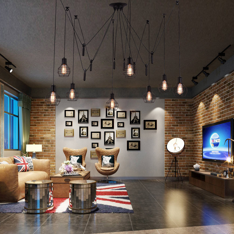 复古铁艺创意店铺咖啡厅升降滑轮小铁笼蜘蛛多头个性工业风吊灯具,家装灯饰光源,客厅吊灯,淘宝优惠券,粉丝福利购,淘宝优惠卷