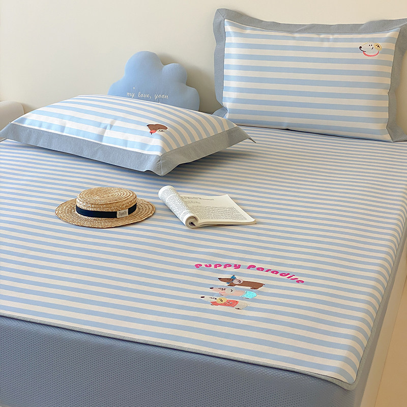 高端!A类卡通小狗蓝条纹夏季冰丝席凉席夏天2024新款软席子床笠款,床上用品,冰丝席,淘宝优惠券,粉丝福利购,淘宝优惠卷