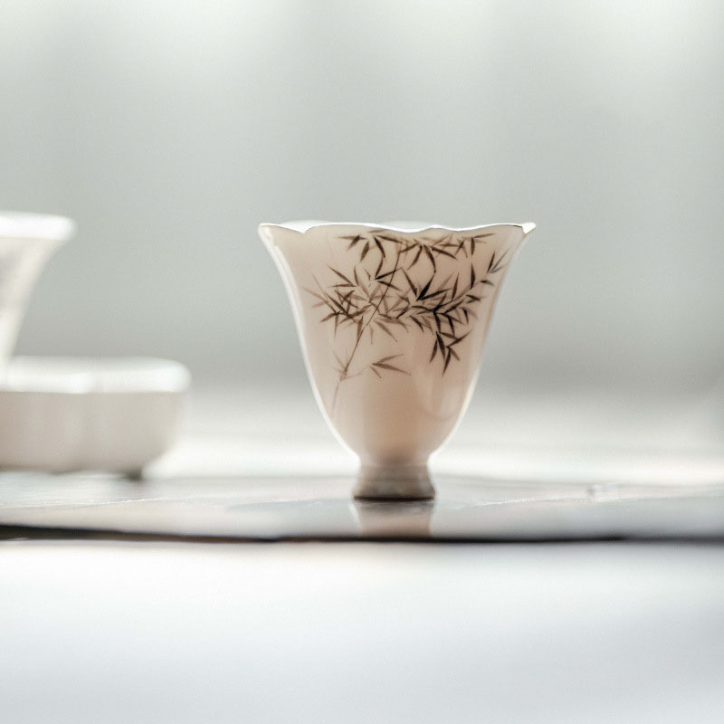 手绘竹子花瓣手工鎏银主人杯闻香杯功夫茶具陶瓷高足品茗杯茶杯