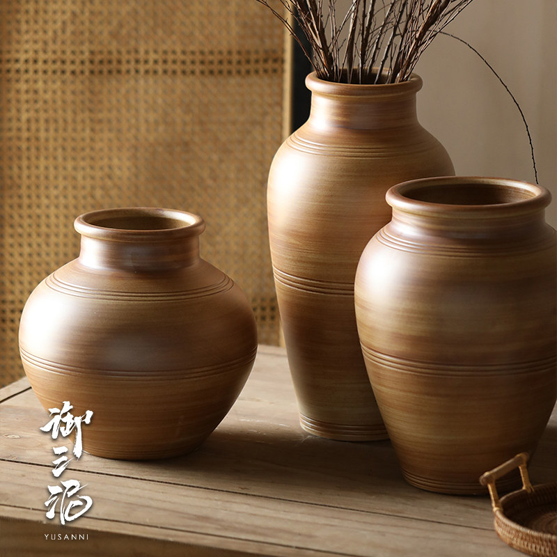 御三泥复古螺纹中式侘寂风装饰品家居台面民宿摆件插干花陶瓷花瓶,家居饰品,家饰软装搭配套装,淘宝优惠券,粉丝福利购,淘宝优惠卷