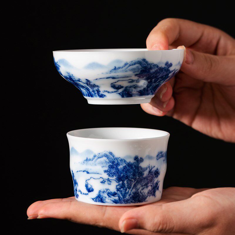 青花瓷茶滤过滤网白瓷家用茶隔漏斗陶瓷功夫茶具配件茶漏公杯一体