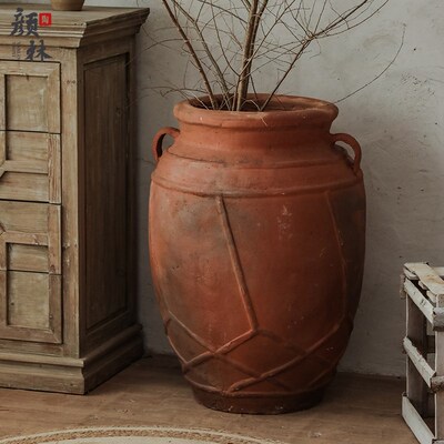 景观双耳大陶罐粗陶花盆复古落地陶瓶民宿装饰陶器酒店大堂摆件大