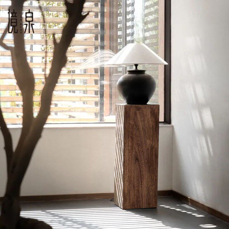 侘寂风复古方形实木墩子花架底座原木树桩样板间茶室玄关落地摆件