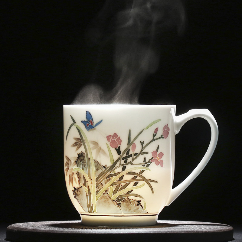 醴陵陶瓷杯子毛瓷手绘茶杯釉下五彩带盖办公家用泡茶杯赠礼定制LG