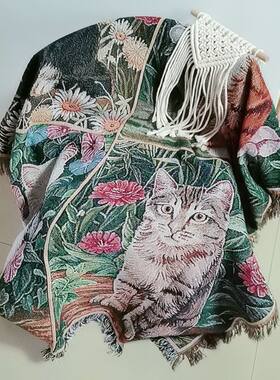 直销猫咪喵星人装饰挂毯沙发垫沙发毯田园野餐垫多功能宠物棉盖巾