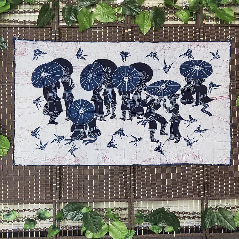 民族特色中式沙发背景布手工苗族蜡染画墙面装饰家居壁画复古挂帘,特色手工艺,苗族蜡染,淘宝优惠券,粉丝福利购,淘宝优惠卷