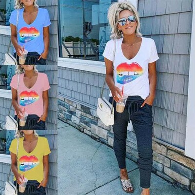 Summer Steet Hipster Round Neck Slim Womens Casual Lips Sho