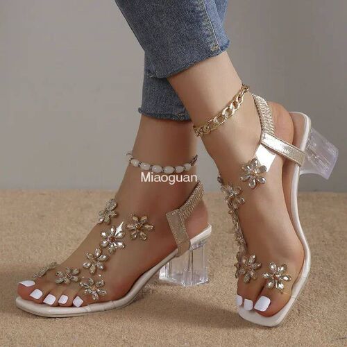 Transparent Square Heel Sandals for Woman Luxury Flash Drill
