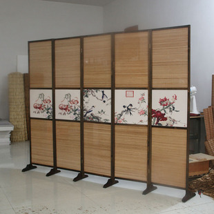 碳化木丝竹喷绘屏风隔断客厅玄关门折叠移动餐厅酒店屏风卧室遮挡