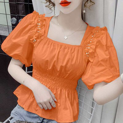 Short-sleeved chiffon shirt womens collar beaded waist shir