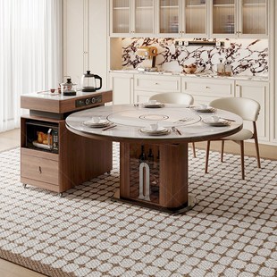 可分离式岛台餐桌一体家用中古风可伸缩岩板实木圆桌智能暖菜转盘