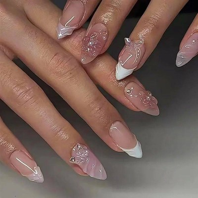 24pcs Press on Fake Nails Set Almond Wearable Simple French
