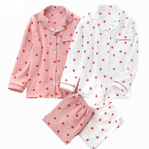 Voorjaar Nieuwe Dames Pyjama Set Hart Gedrukt Crpe Katoen