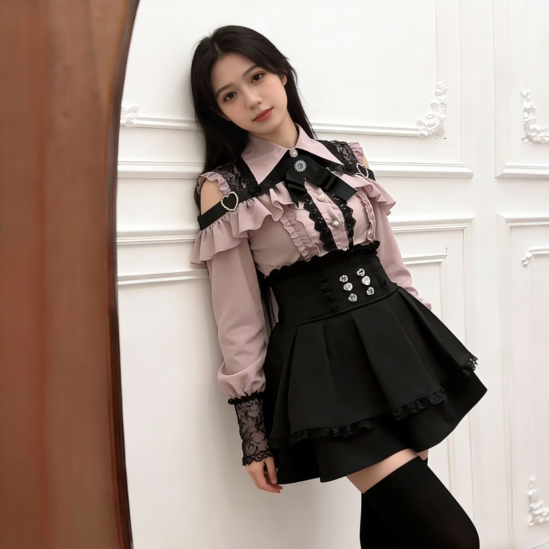 亚文化甜心邂逅jk制服两件套春秋日系少女暗黑露肩衬衫+半裙套装