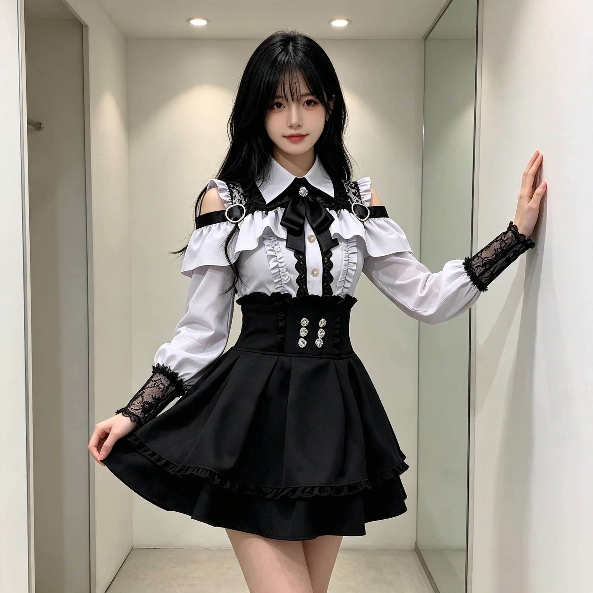 亚文化甜心邂逅jk制服两件套春秋日系少女暗黑露肩衬衫+半裙套装