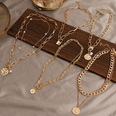 EN Punk Layered Chain Necklace Neck Chains for Women Vintage