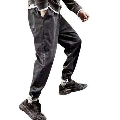 Elastic Waist Jeans New Tie-legged Denim Trousers Solid Colo
