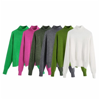 Tangada Women Green Turtleneck Knitted Sweater Jumper Female