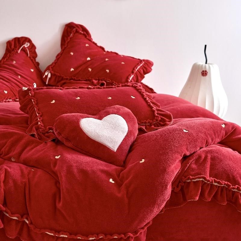 秋冬季爱心婚庆四件加厚保暖珊瑚法兰绒刺绣结婚床上用品,床上用品,婚庆床品套件,淘宝优惠券,粉丝福利购,淘宝优惠卷