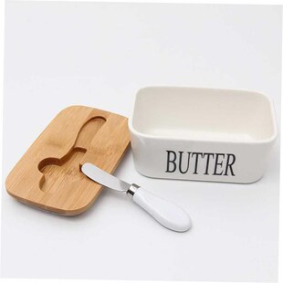 Butter Lid Dish Ceramic Wood Food With Sealing Box Knife