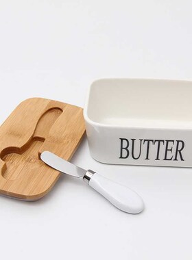 Butter Box Sealing With Wood Lid Knife Food Dish Ceramic