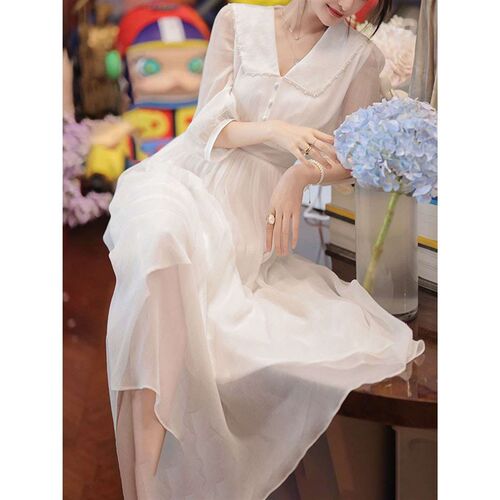 Tea Break French Niche Lapel Dress Solid Color Fairy Super F