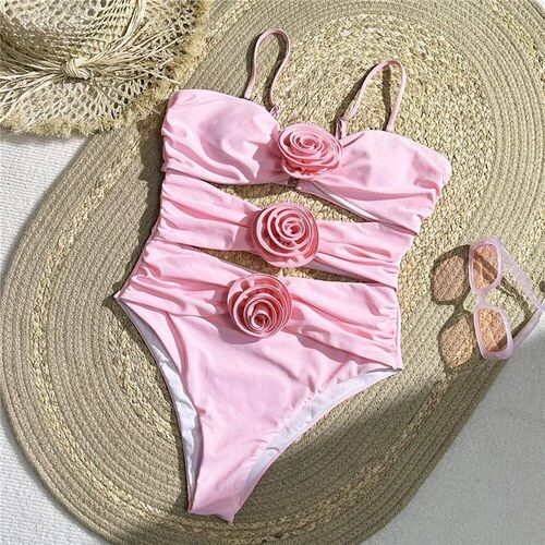 Sexy Pink 3D Flower Swimwear Woman One Piece Swimsuits Femal