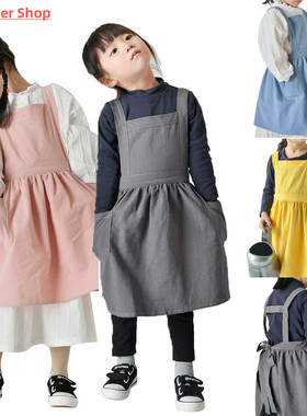 Kids Japanese Cotton Linen Bib Apron Kitchen Baking Uniform