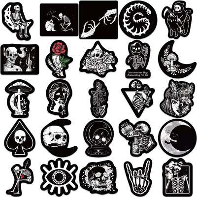 50PCS Black White Gothic Stickers,Goth Skull Stickers,Dark S
