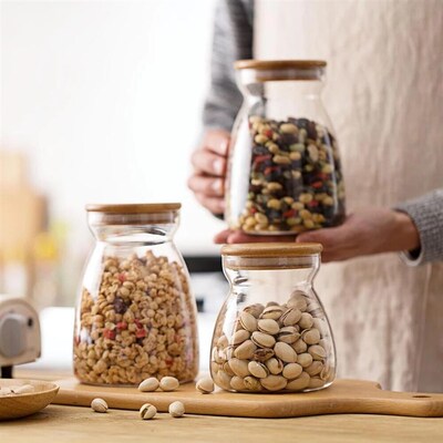 Candy Jar For Tea Leaf Nut Spices Glass Bamboo Cover Contai