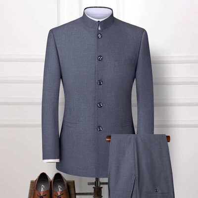 Zhongshan Suit Mens Chinese Collar Dress Mens Grey
