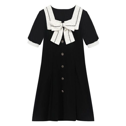 Hepburn Style Square Collar Bow Dress Womens Summer New Bla
