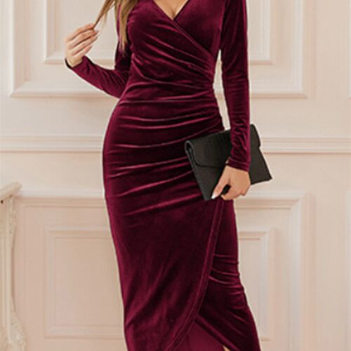 Velvet Bodycon Midi Dress Women Sexy Split Ruched Dress Slim