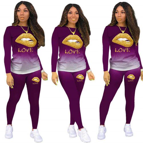 S-5XL New Gradient Womens Two Piece Suit Lips Printing Loos