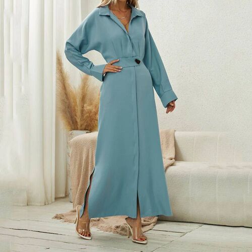 Ellafads Long Dress Office Fashion Casual Full Sleeve Lapel