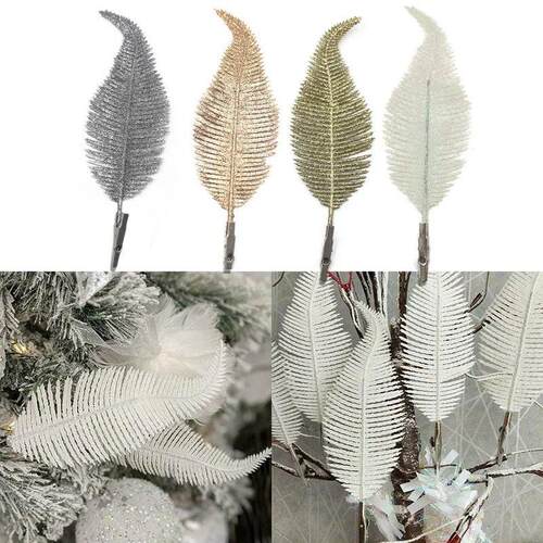 5pcs Glitter Feather Artificial Leaves Clip Xmas Tree Orname