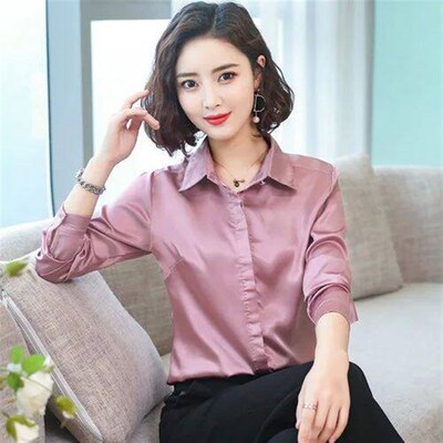 TingYiLi Green Pink Satin Blouse Spring Summer Women Blouse