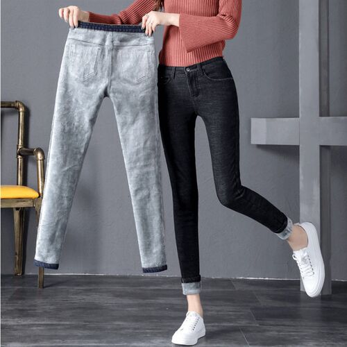 Women Ladies High Waist Fleece Lined Jeans Winter Solid Colo