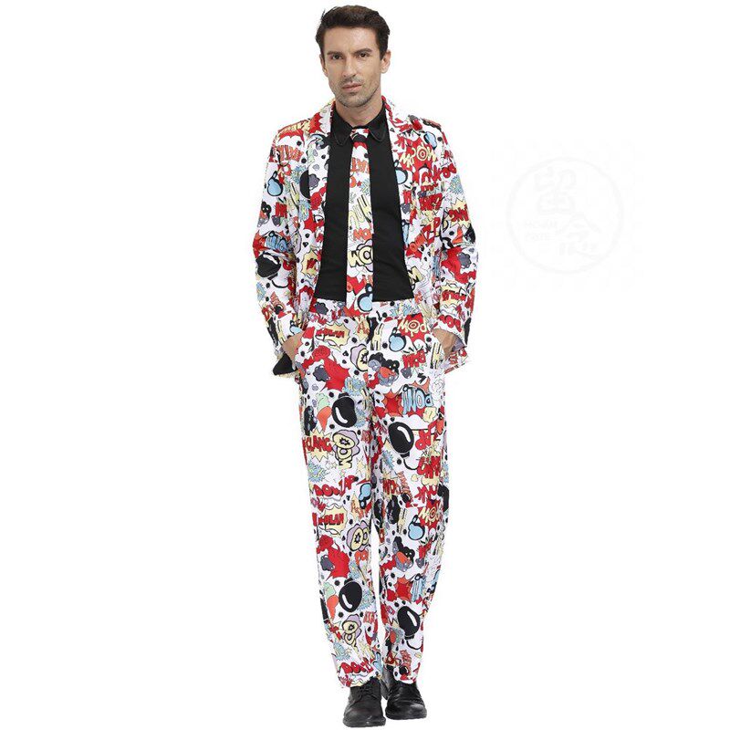 。Craze suit for mens holiday printing clown costume Hallow