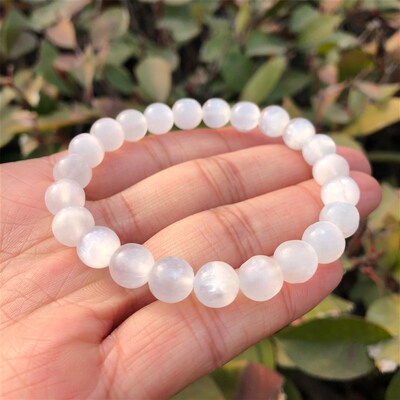 Natural Selenite Bracelet White Round Beads Crystal Quartz H