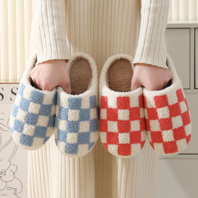 Checkerboard Cotton Slippers For Men And Women, Indoor Home
